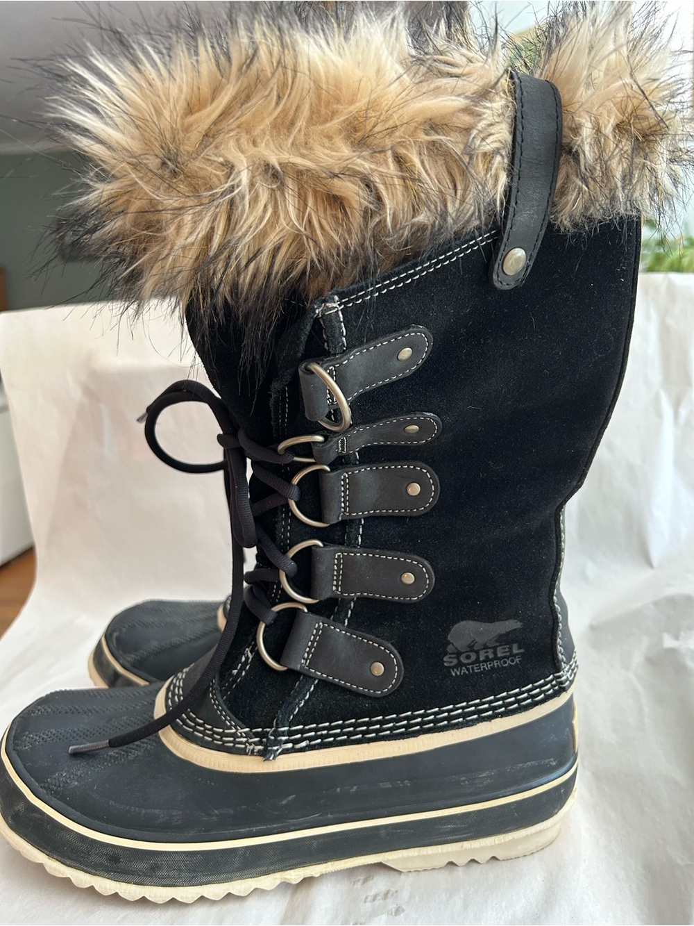 Sorel Joan of Arctic Snow Black Waterproof Leather Fur Boots Womens Size 10